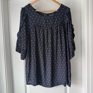 LOFT Navy Floral Peasant Blouse with Pink Blossoms